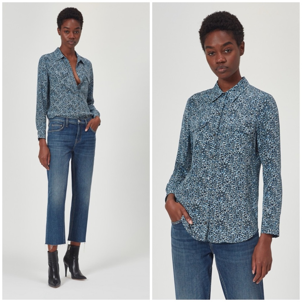 Equipment 100 Silk Shirt Slim Signature Blue Print Blouse Button Down Size S